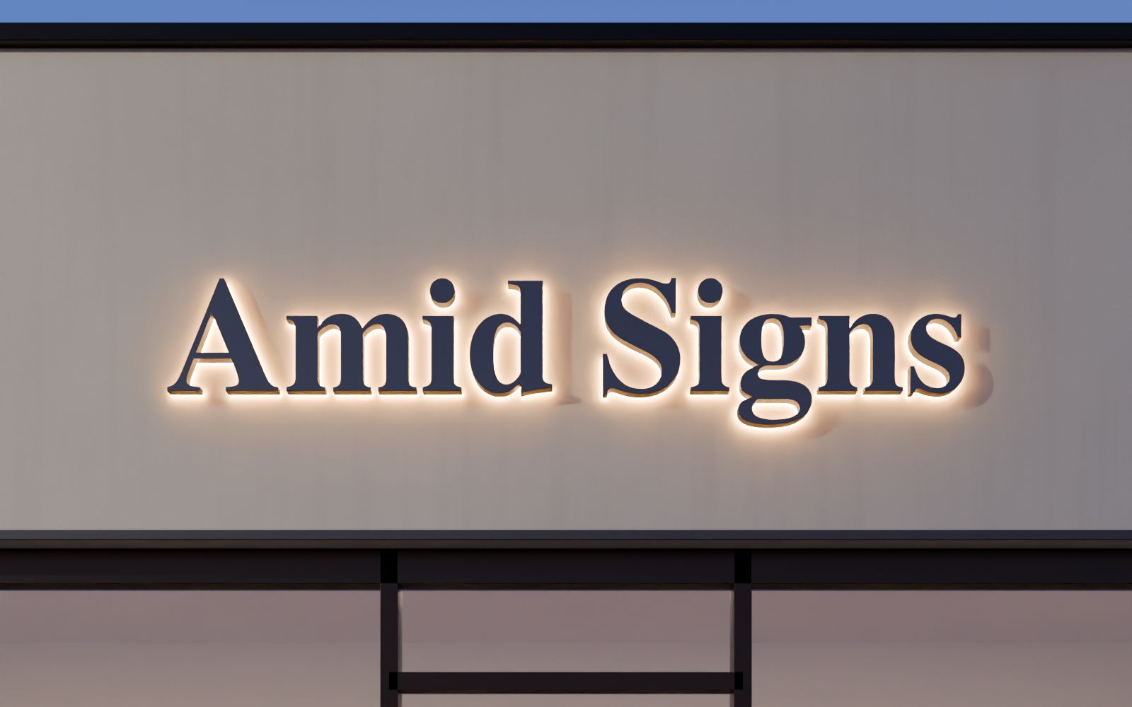 The same halo-lit letters switched on at dusk