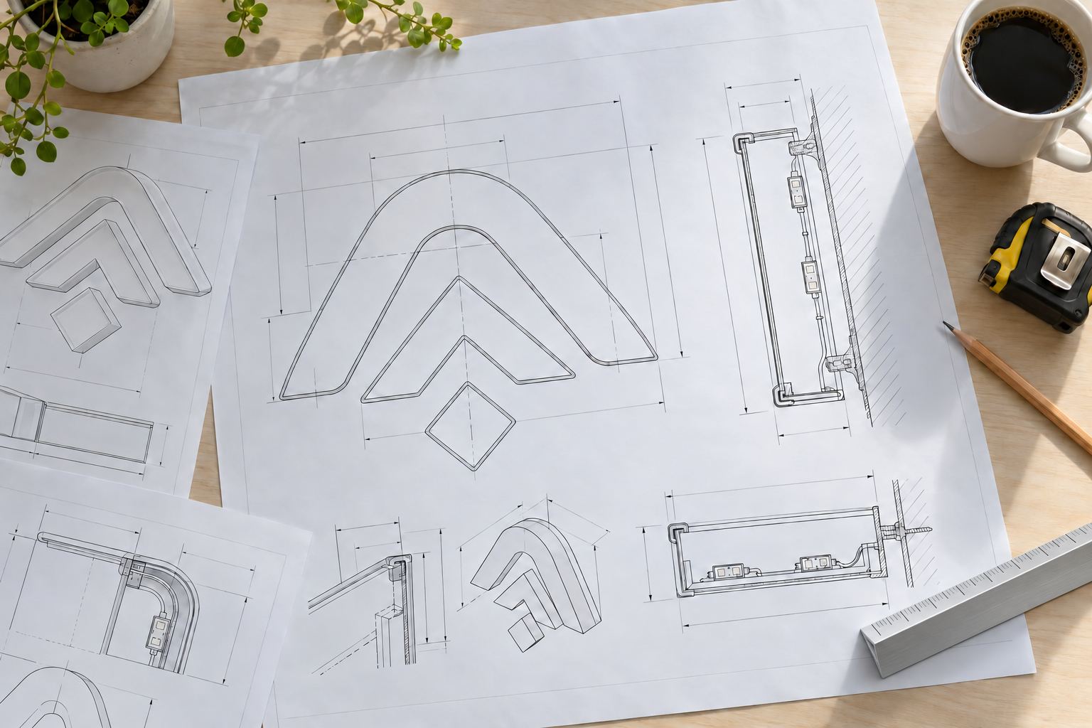 Sign drawings with elevations and dimensions on a desk
