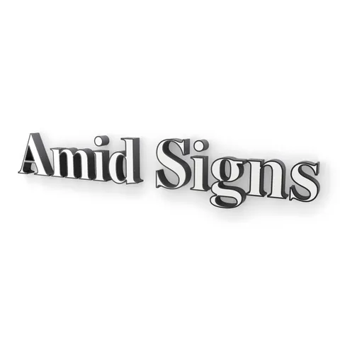 Front-lit channel letters with white acrylic faces and black stainless returns, a sample sign on a white background