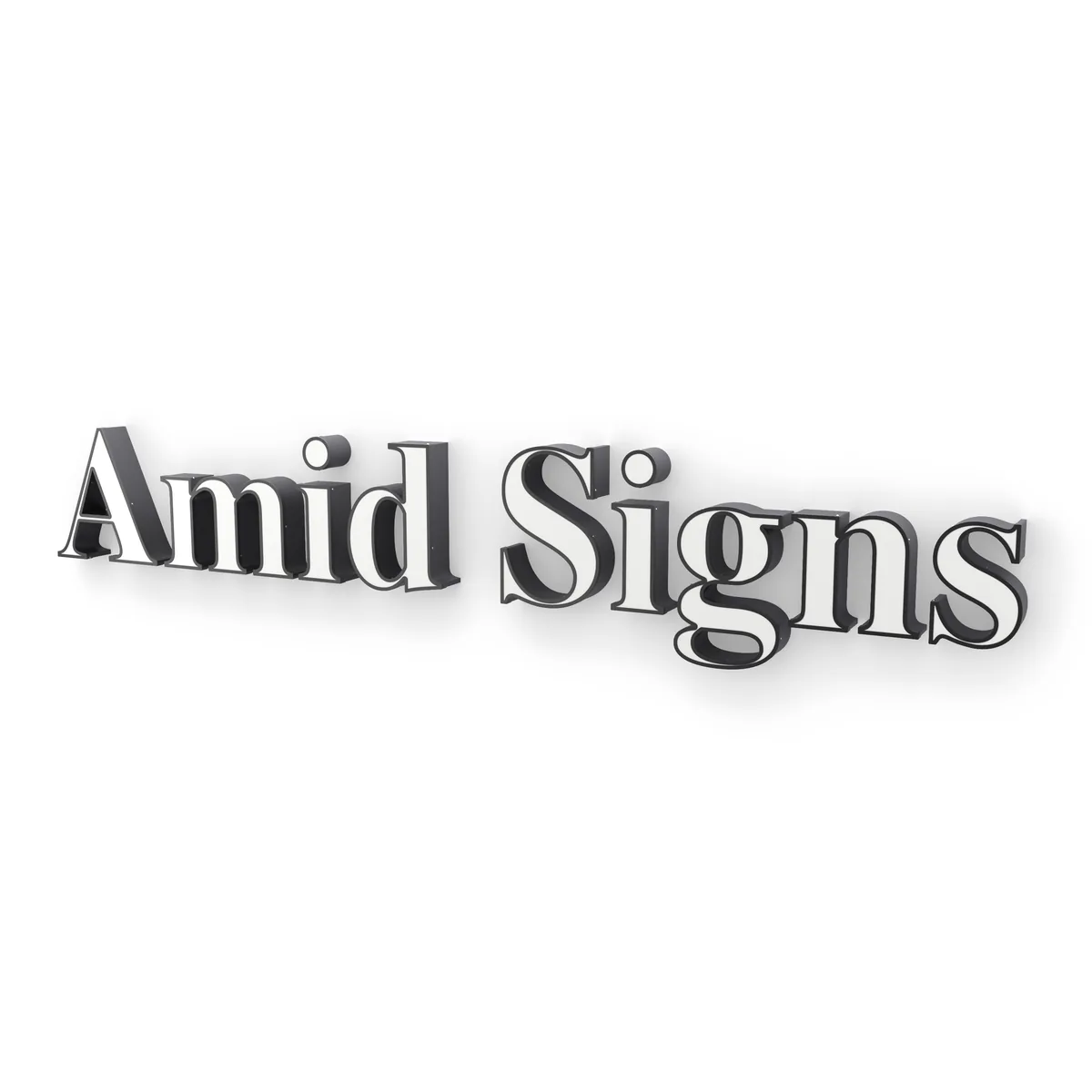 Front-lit channel letters with white acrylic faces and black stainless returns, a sample sign on a white background