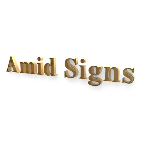 Gold open-face channel letters, a two-word sample sign, unlit, on a white background