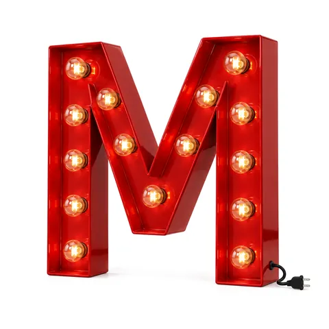 Red marquee letter M with a row of lit bulbs along its face and a short power cord, on a white background