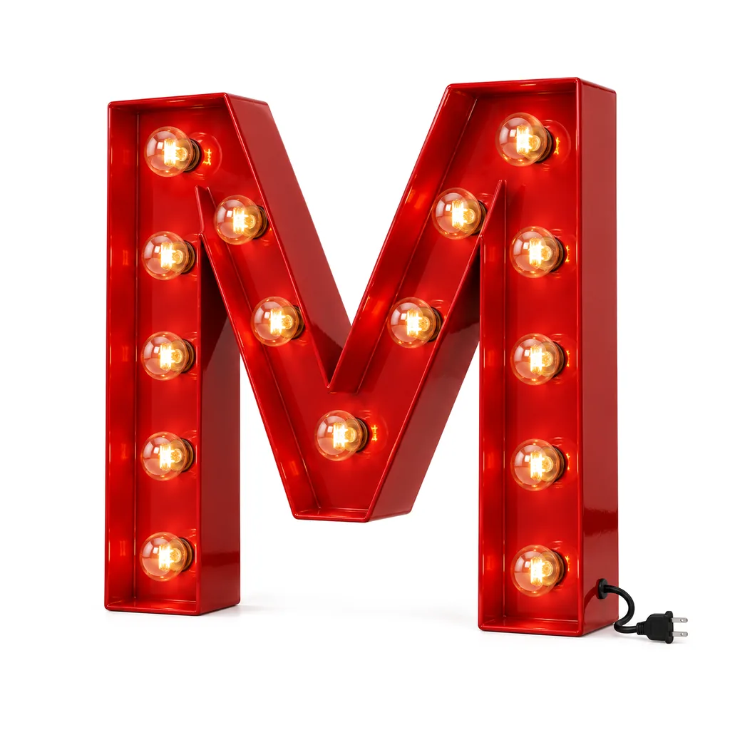 Red marquee letter M with a row of lit bulbs along its face and a short power cord, on a white background