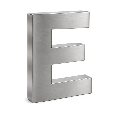 Brushed stainless steel letter E, non-lit, with a fine satin grain on the face and returns, on white