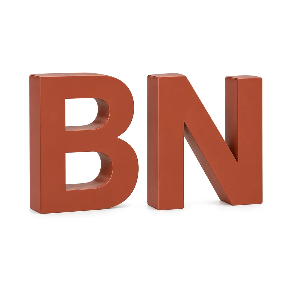 Two painted metal letters B and N in satin terracotta red, non-lit, on a white background