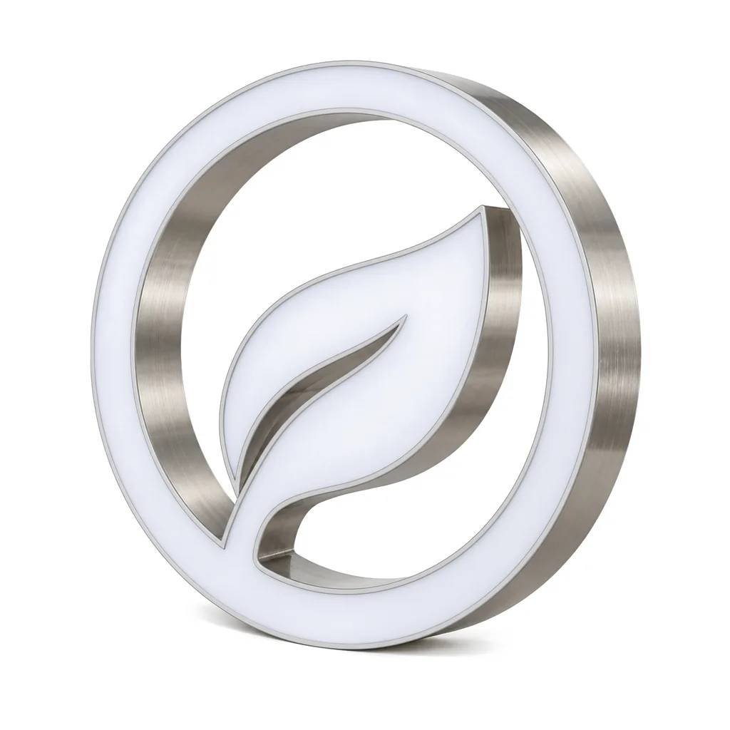 Lit logo sign shaped as a circle with a leaf inside, brushed stainless returns and white acrylic face, unlit