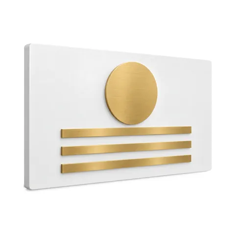 Matte white backer panel with an abstract gold metal logo mark of a circle and three bars, unlit