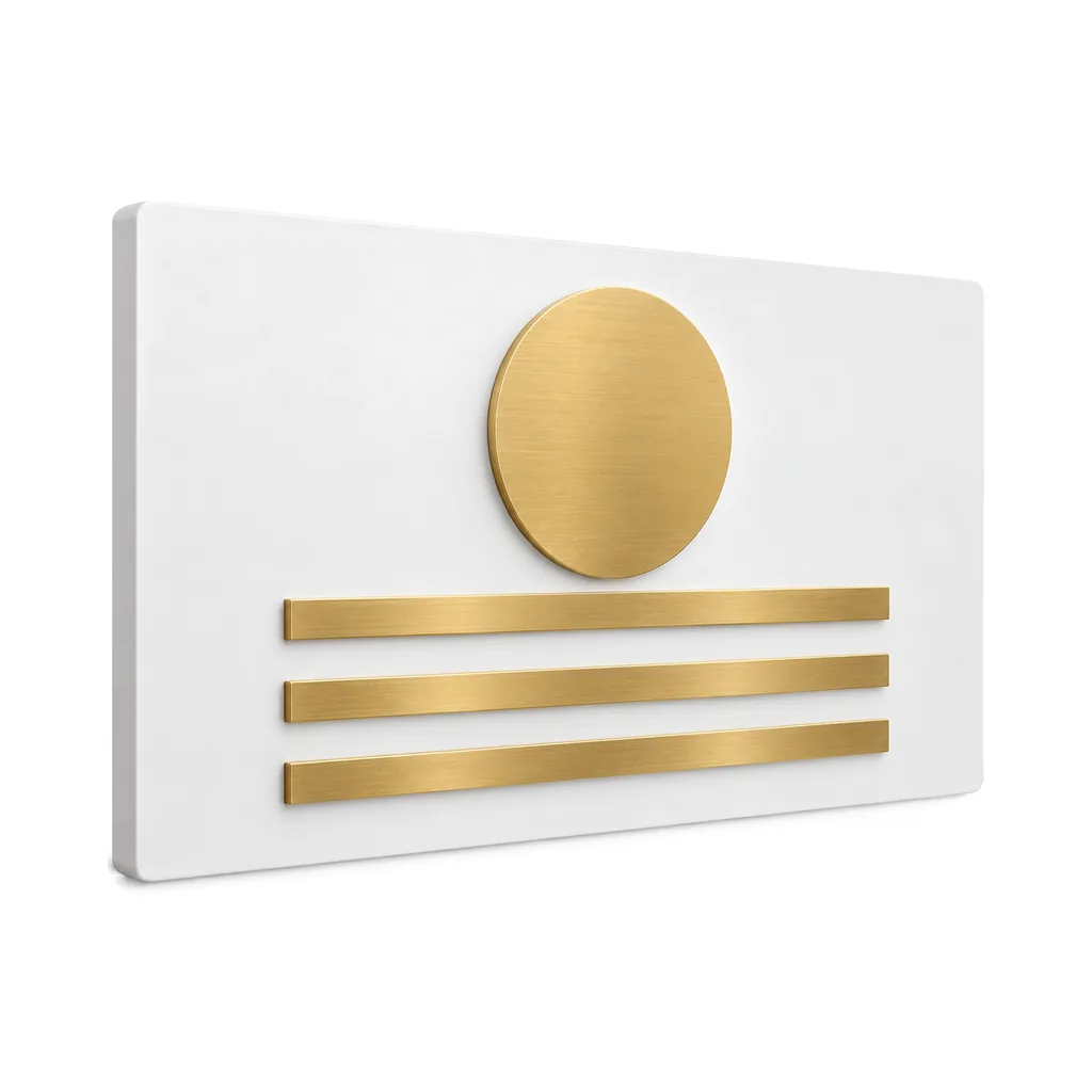 Panel de fondo blanco mate con un logo abstracto de metal dorado, un círculo y tres barras, apagado