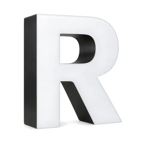 Trimless front-lit channel letter R, unlit, with black returns and a white acrylic face with no trim cap