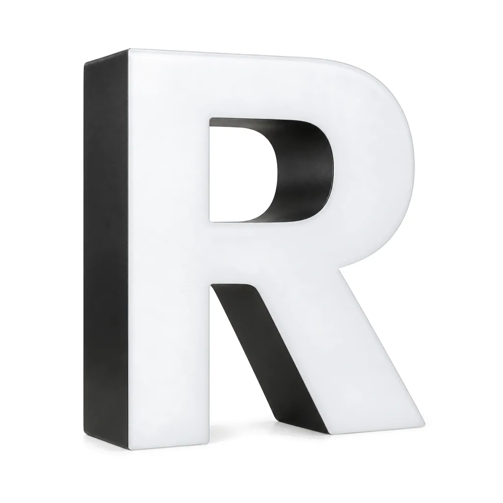 Trimless front-lit channel letter R, unlit, with black returns and a white acrylic face with no trim cap