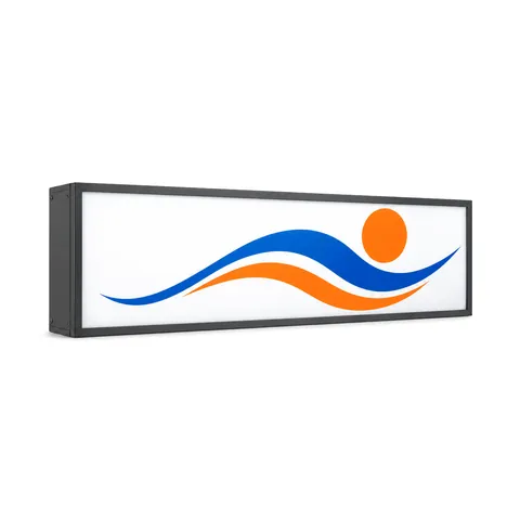 Rectangular LED lightbox with a slim dark grey metal cabinet and a blue and orange graphic face, on white