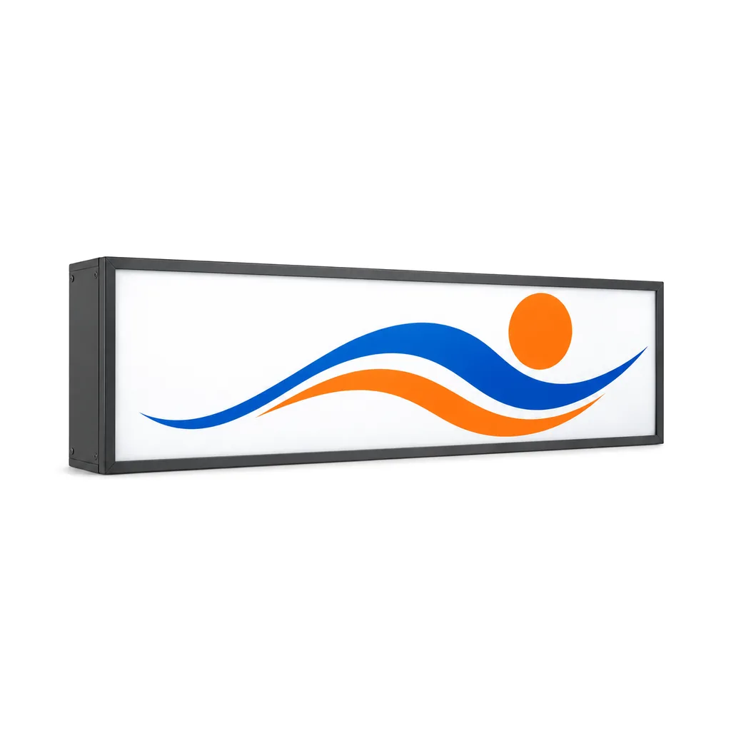 Caja de luz LED rectangular, gabinete metálico gris oscuro y cara con gráfico azul y naranja, sobre fondo blanco