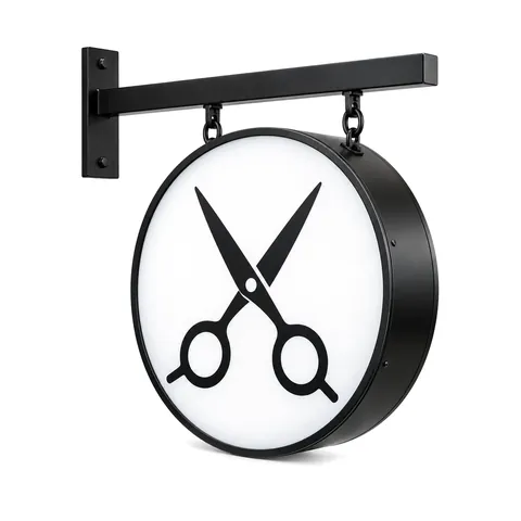 Round double-sided blade sign with a scissors pictogram, hanging from a black steel wall bracket, on a white background