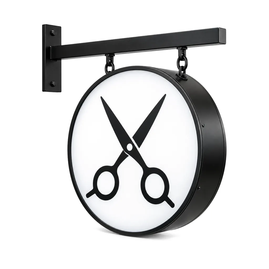 Round double-sided blade sign with a scissors pictogram, hanging from a black steel wall bracket, on a white background