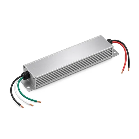 Weatherproof 12 V LED sign power supply in a finned metal case with mounting tabs and wire leads at both ends, on white