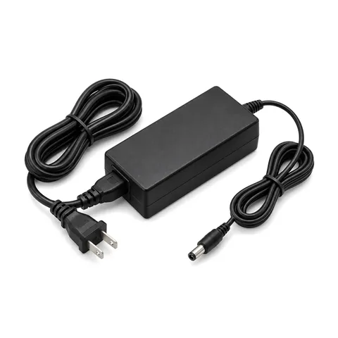 Black 12 V desktop power adapter with a US two-prong wall cord and a DC cord ending in a round barrel plug, on white
