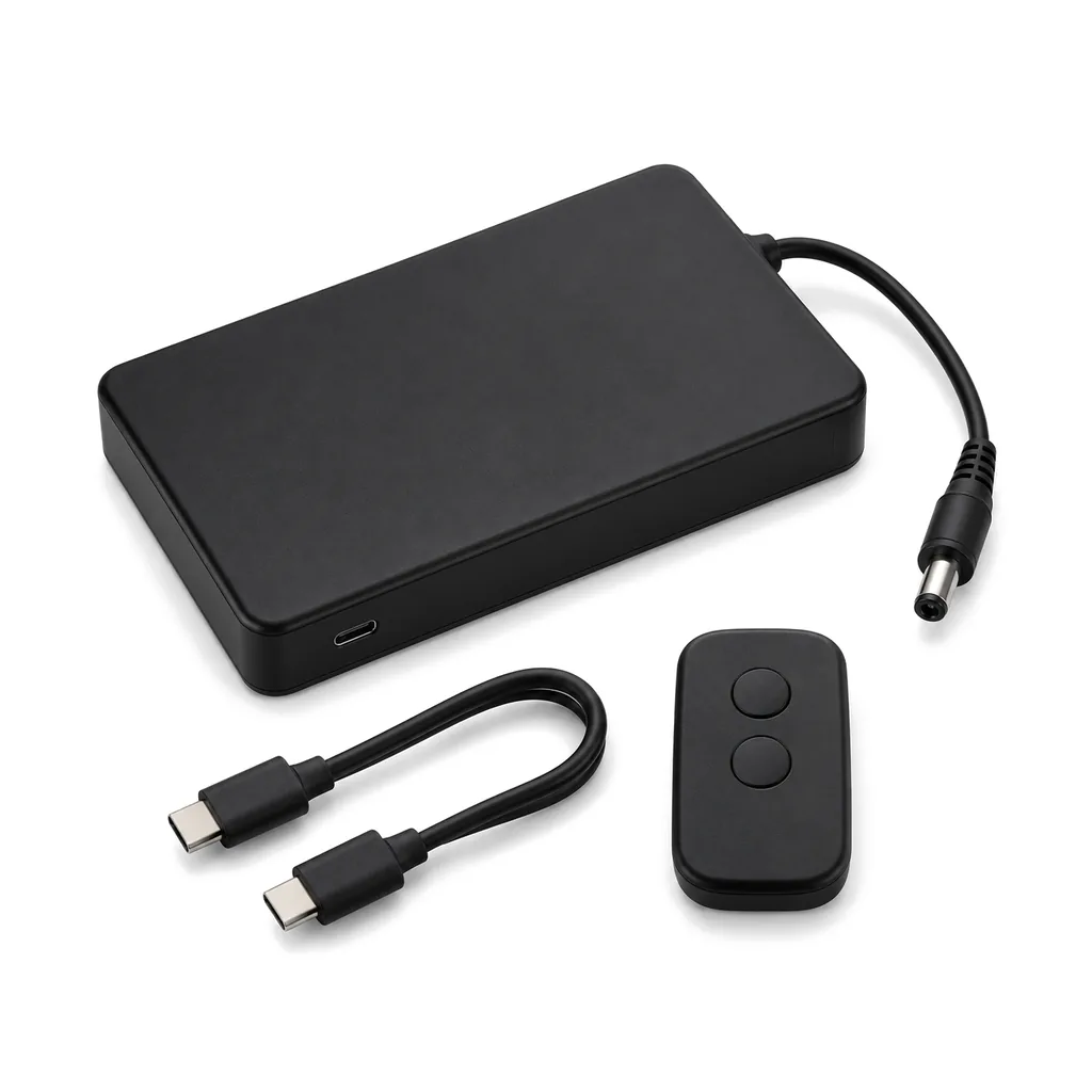 Caja de batería recargable negra con cable de CC, cable USB-C corto y control remoto de dos botones, fondo blanco
