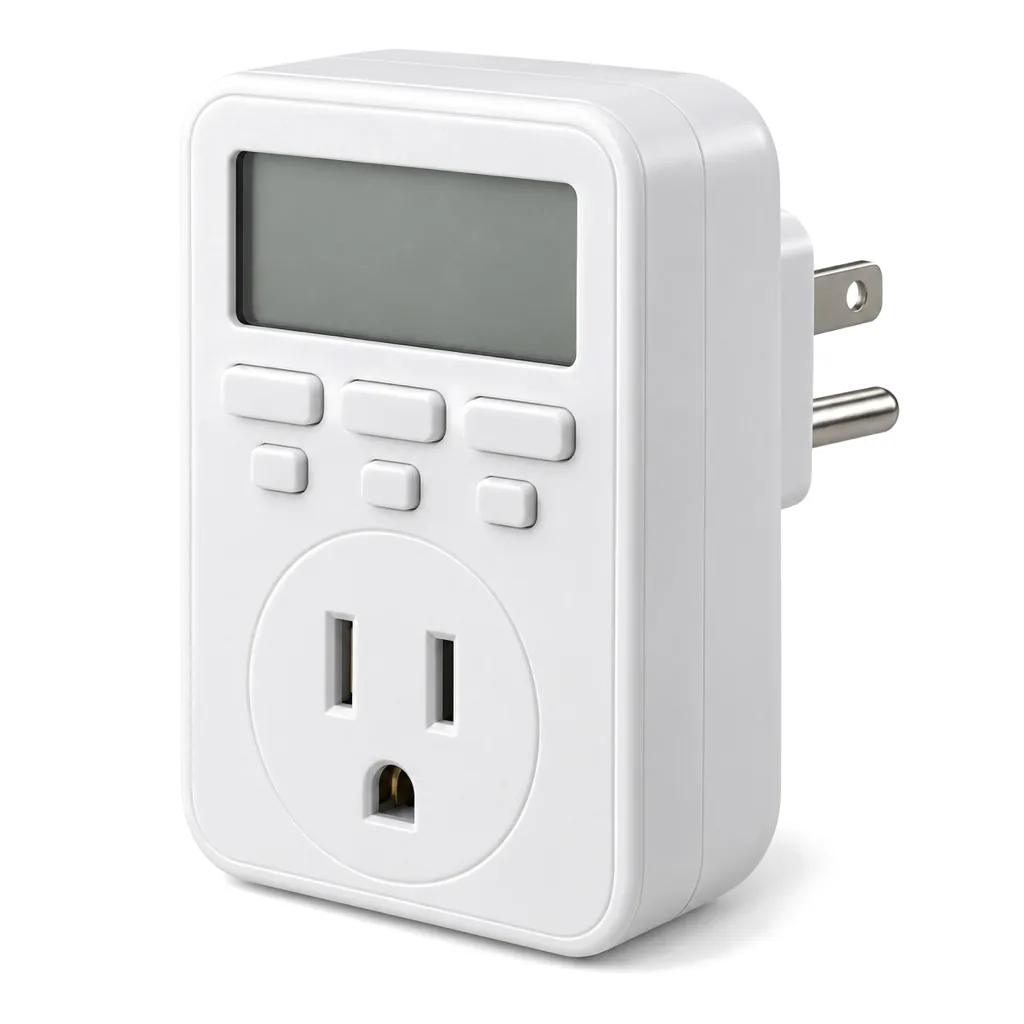 White plug-in digital 7-day timer with a blank grey display, a few buttons and an outlet on the front, on white