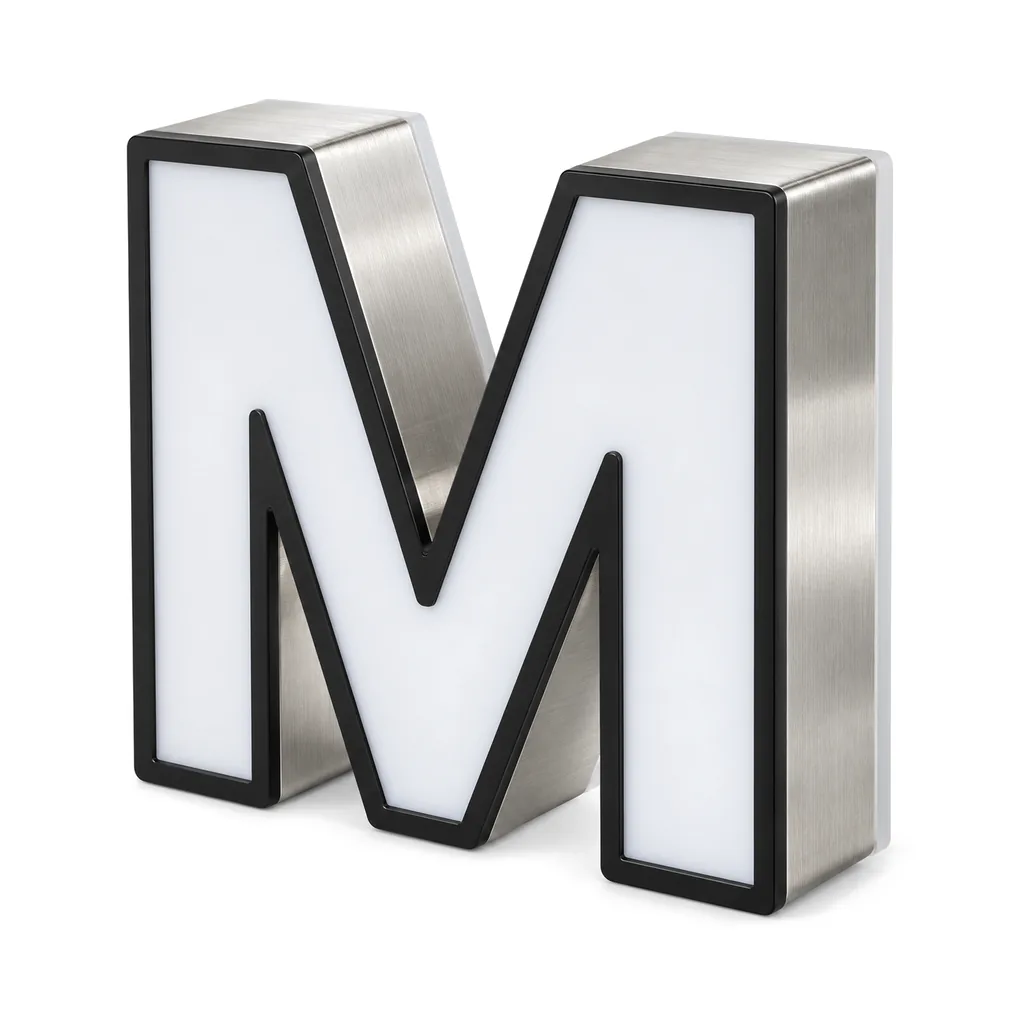 Front and back lit channel letter M, unlit: white acrylic face with a black trim cap and brushed stainless returns