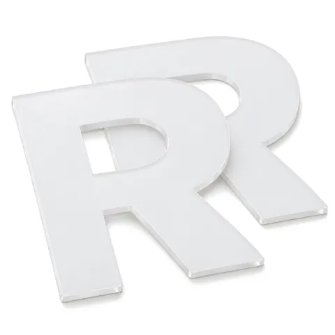 Two cut-out white translucent acrylic faces shaped like a capital R, one lying in front of the other, on white