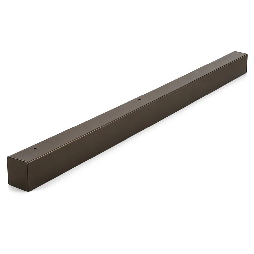 Long slim raceway box painted satin dark bronze with flat end caps and pre-drilled holes on top, on white