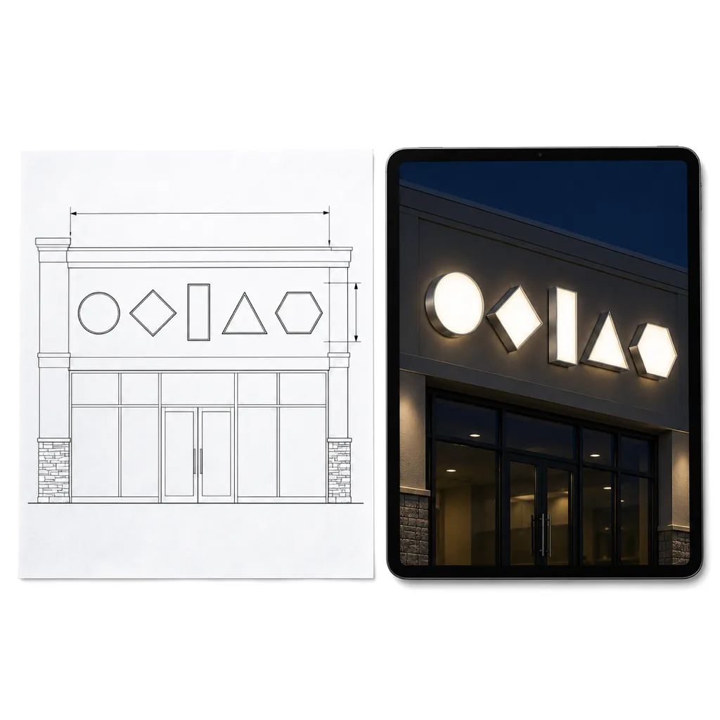 Printed sign drawing with a fascia elevation and dimension lines beside a tablet showing a lit night preview, on white