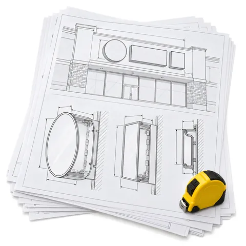 Fanned stack of large sign drawing sheets with line drawings and dimension lines, a yellow tape measure on top, on white