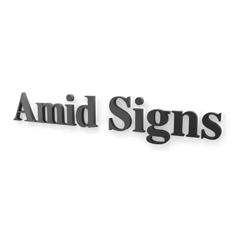 Halo-lit channel letters with dark navy stainless faces, unlit, a sample sign on a white background