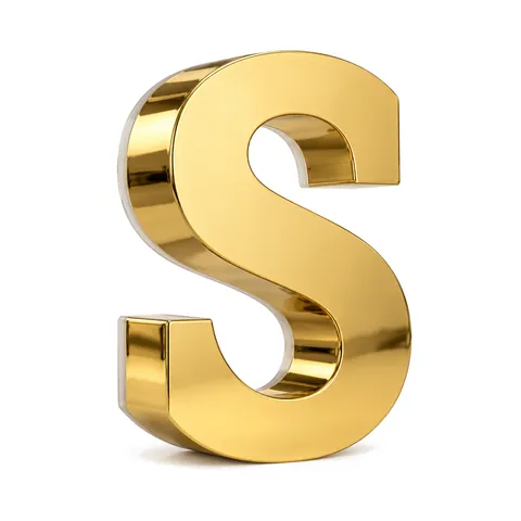 Gold halo-lit channel letter S in mirror gold stainless steel, unlit, on a white background