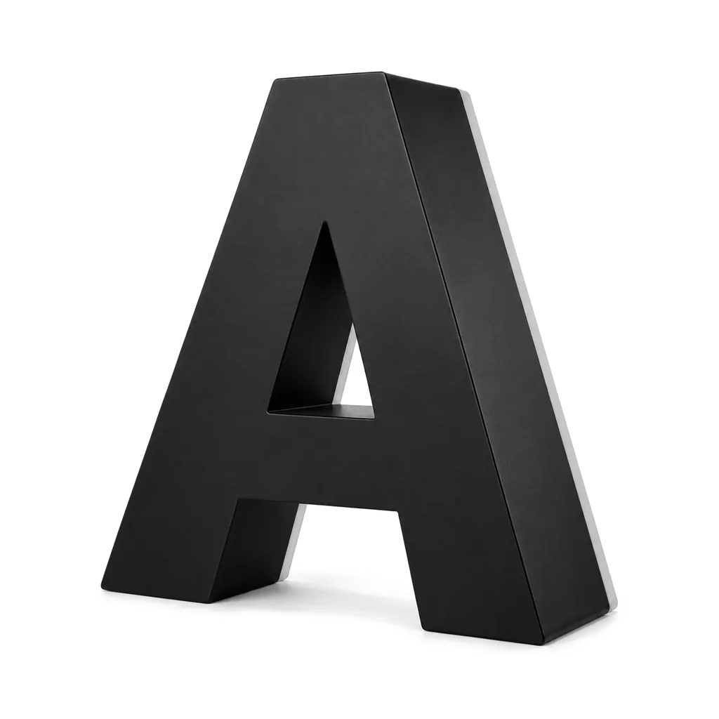 Matte black halo-lit channel letter A, unlit, on a white background