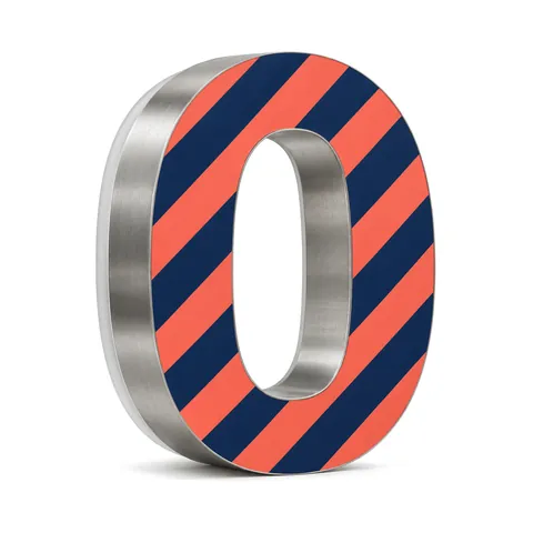 Halo-lit letter O with a face printed in navy and coral stripes and brushed stainless returns, unlit