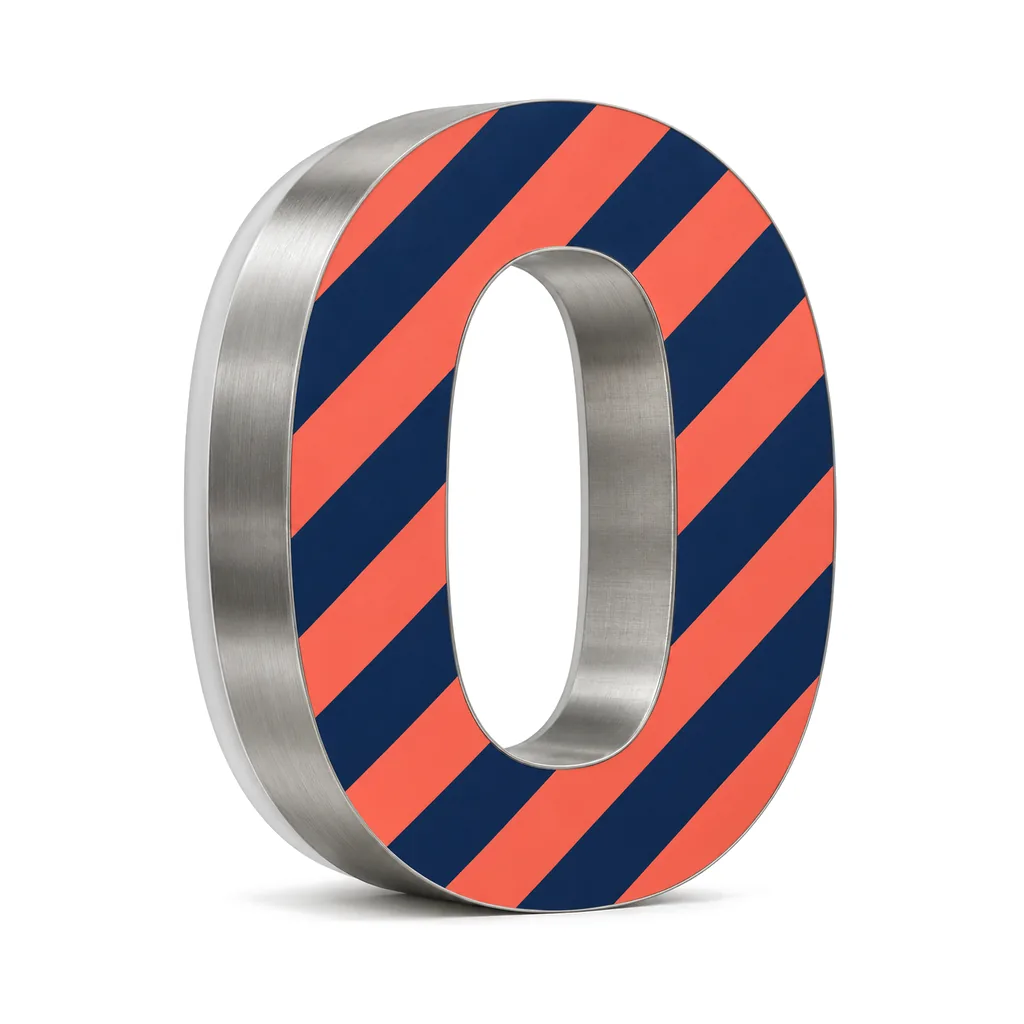Halo-lit letter O with a face printed in navy and coral stripes and brushed stainless returns, unlit